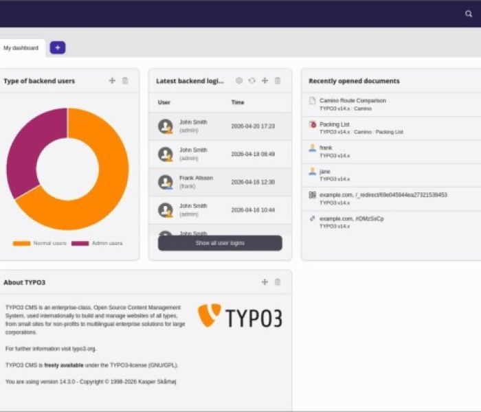Exemplary backend screenshot of the all new backend design with a (Foto: TYPO3 GmbH)